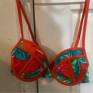 Xhilaration Orange and Green Bikini Top with Tropical Print